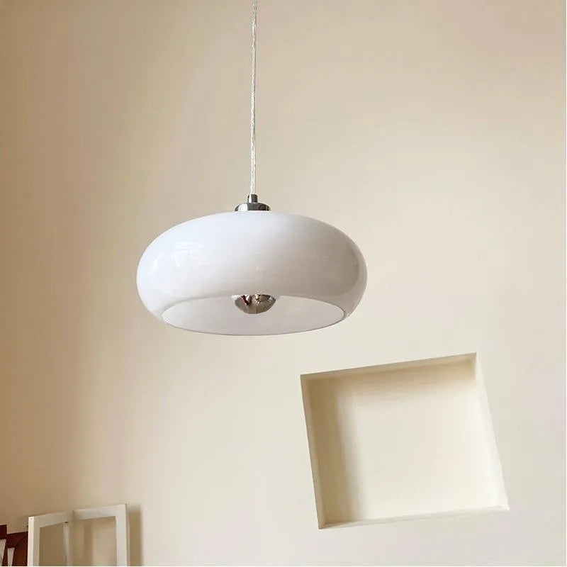 Milk white Bauhaus pendant light with three egg tart-shaped glass shades for bedroom or dining room