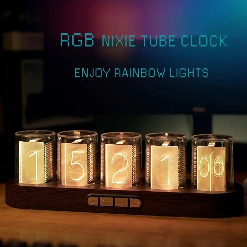 RGB Luminotron digital desktop clock with LED colour display in black, white or wood grain finish