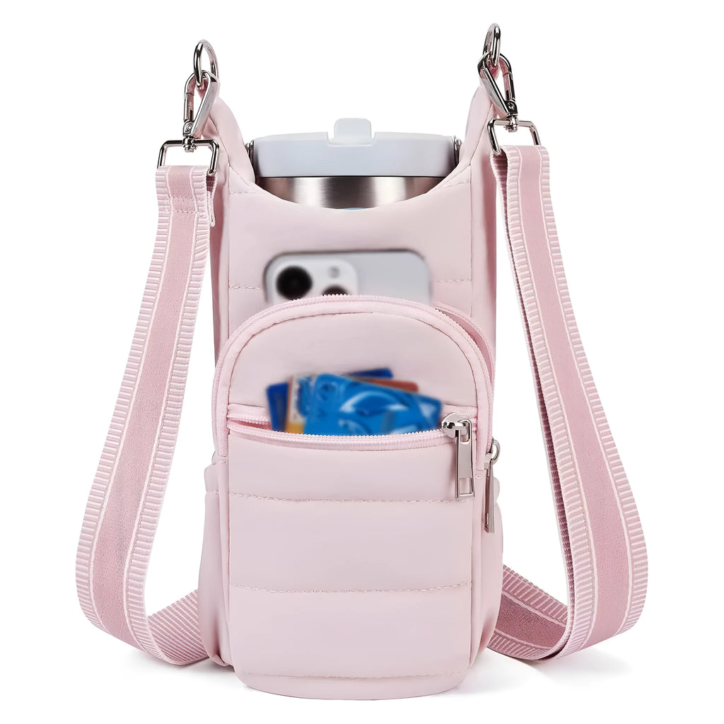 Cloth water bottle bag with adjustable shoulder strap for bicycles in black, pink, and beige colours.