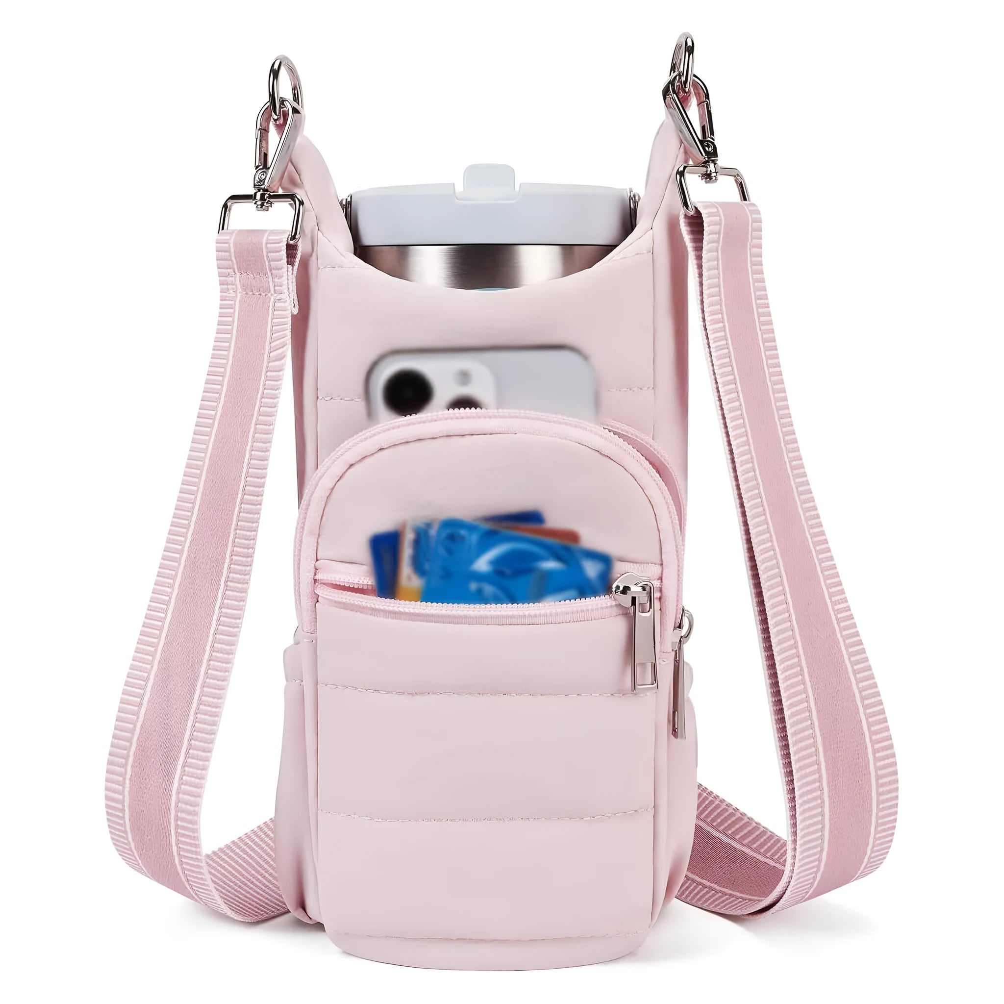 Cloth water bottle bag with adjustable shoulder strap for bicycles in black, pink, and beige colours.