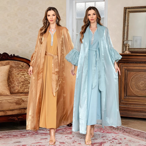 Brown Arabic two-piece set dress with rhinestone detailing and long sleeves for Dubai style evening wear