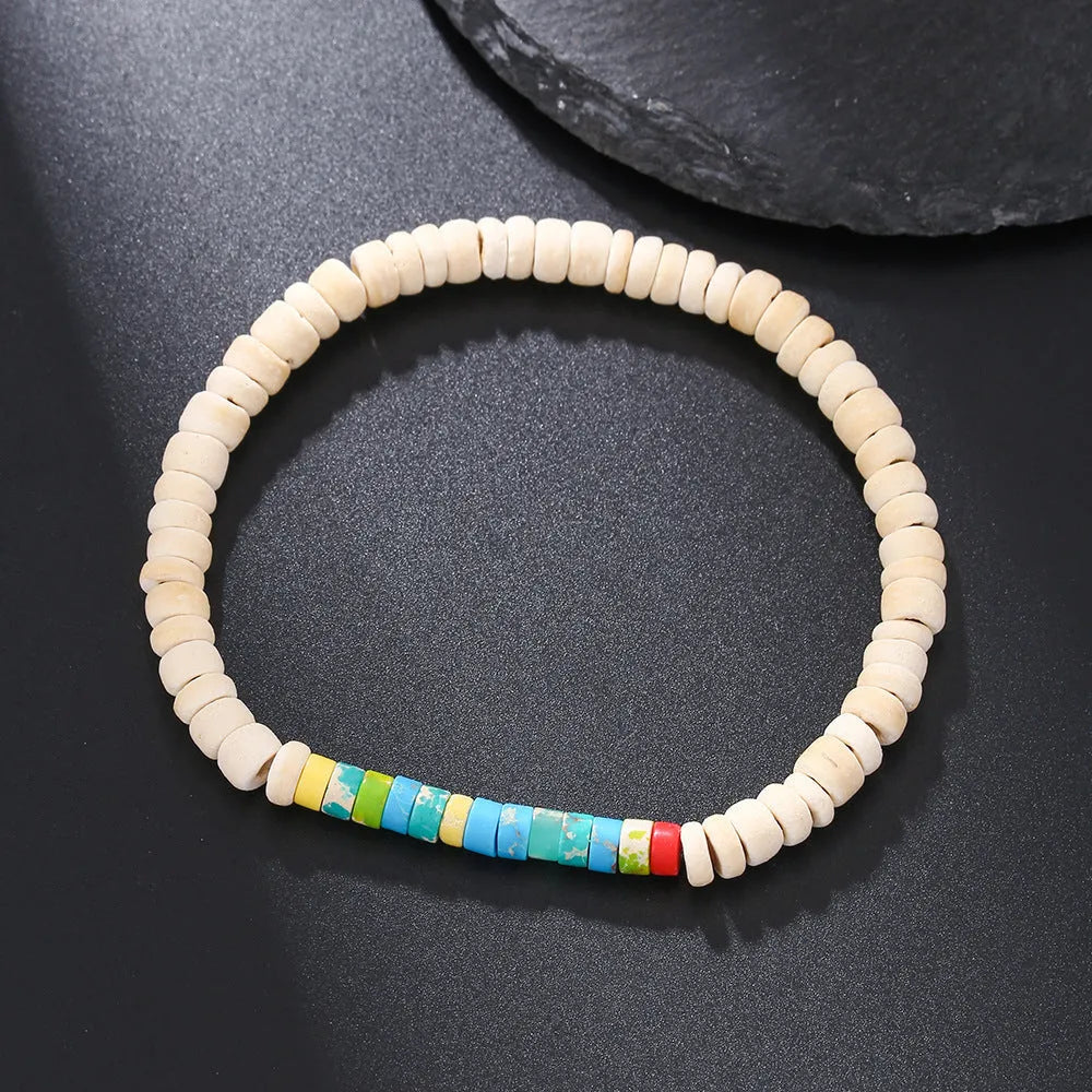 Hand-woven unisex wood bracelet with turquoise accents and totem pattern