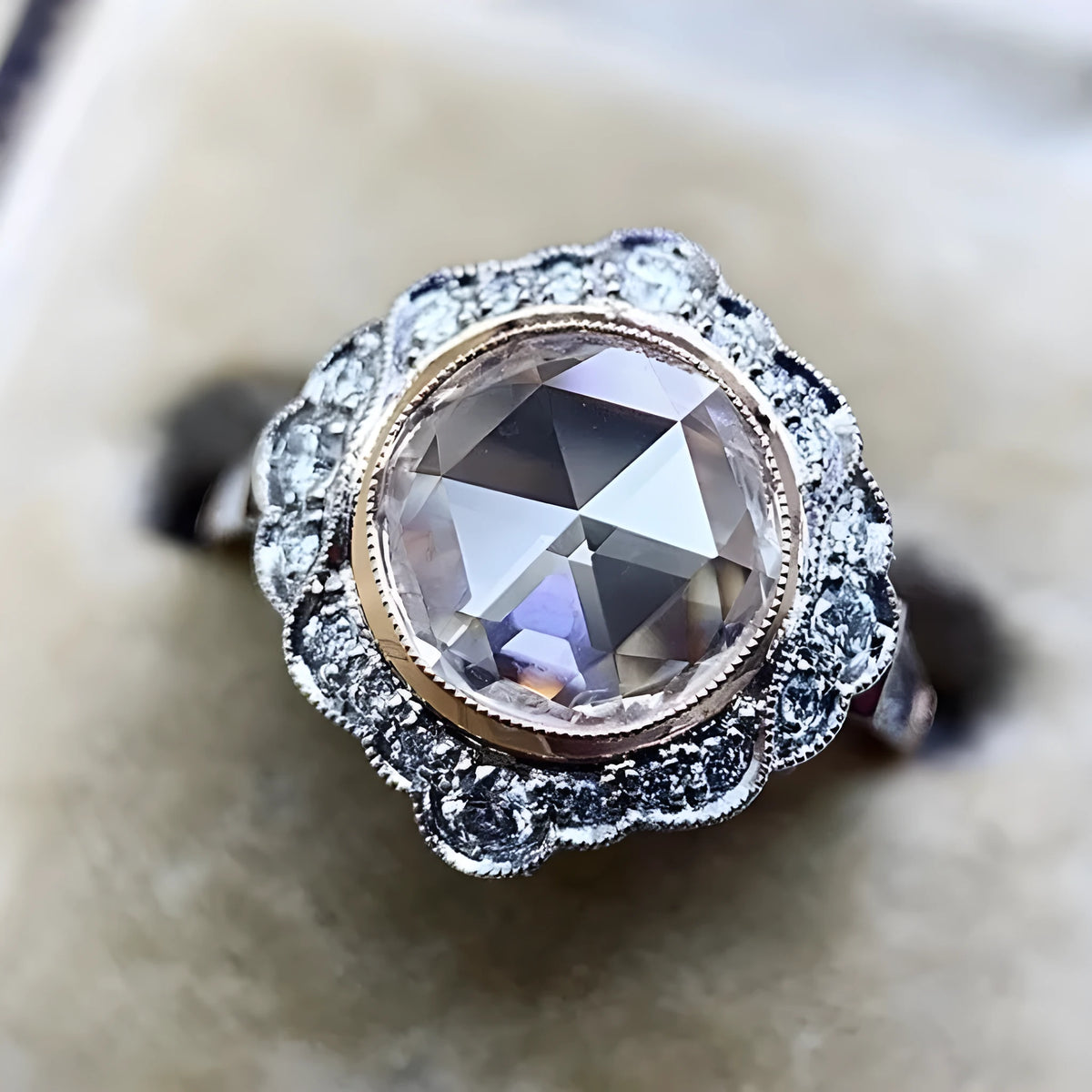 Rose gold two-tone alloy ring with white diamond moissanite stone geometric shape for women