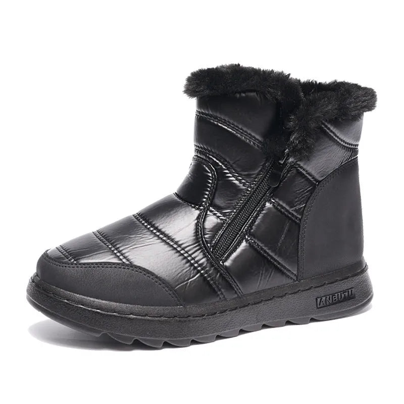 Winter high top snow boots with side zipper, fur upper, plush lining, and polyurethane sole in black