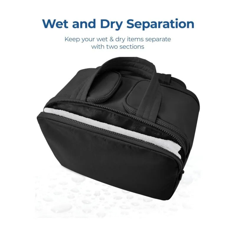 Large lightweight travel wash bag in pink with a wide-open zipper showing a fluffy interior lining.