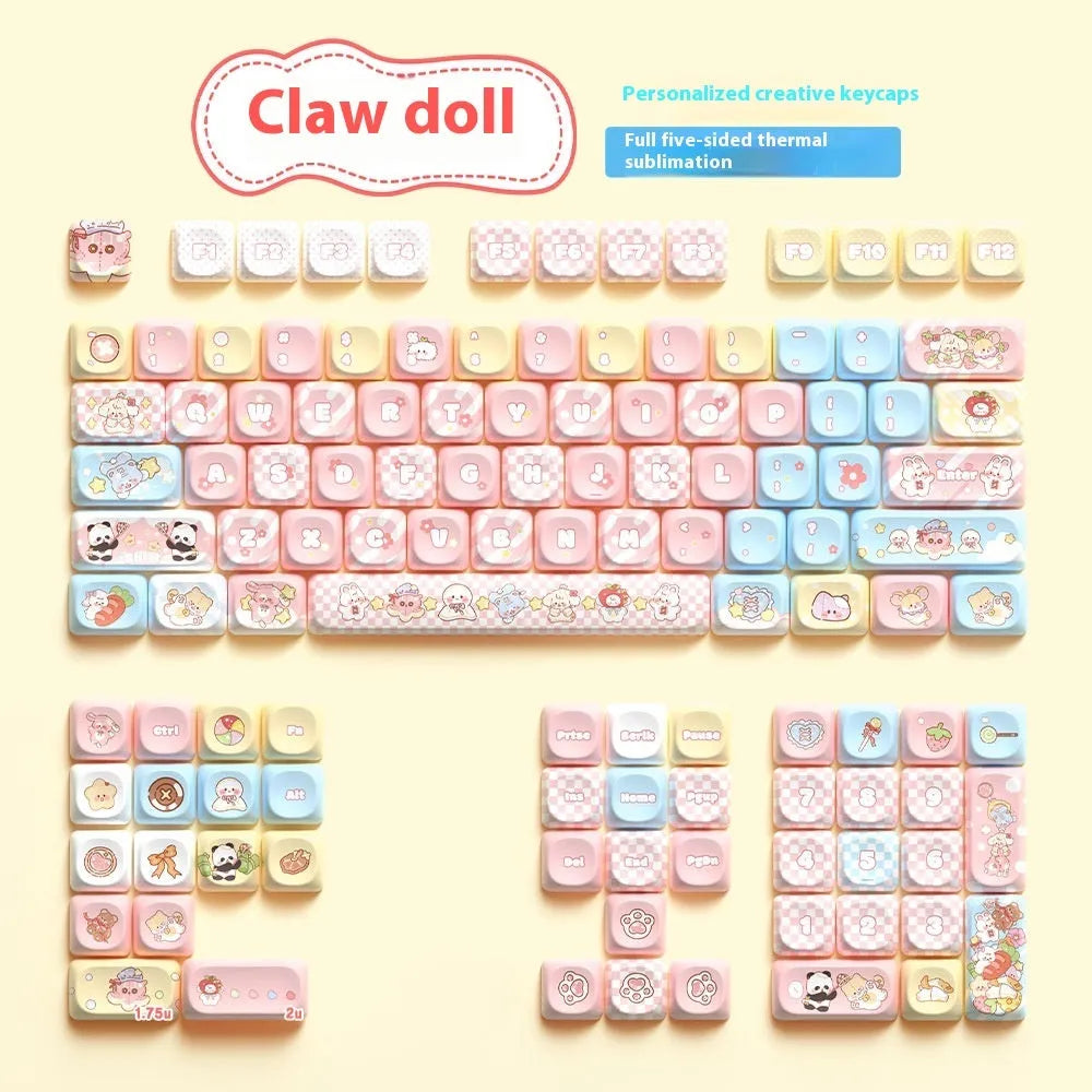 Full set of Doll character themed mechanical keyboard keycaps with sublimation printing laid out.