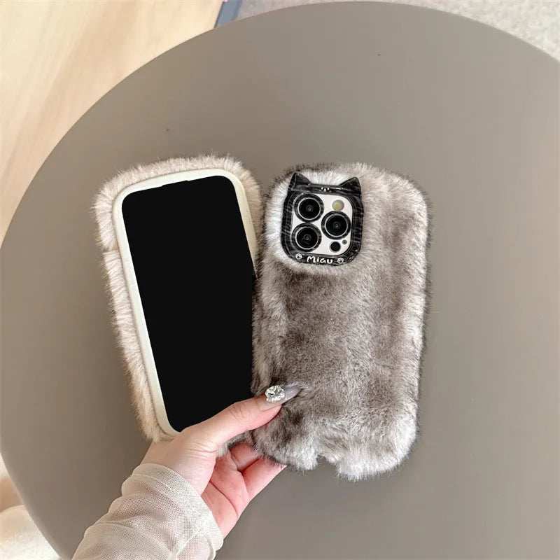 Plush phone case in brown or black, full coverage anti-drop design for iPhone 11 to 17 Pro Max
