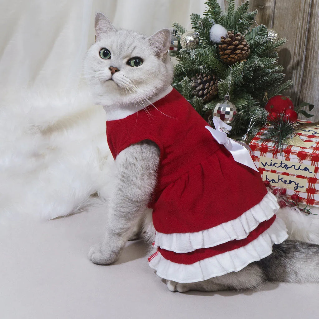 Red fleece pet Christmas princess dress with bow, available in sizes XS to XXL