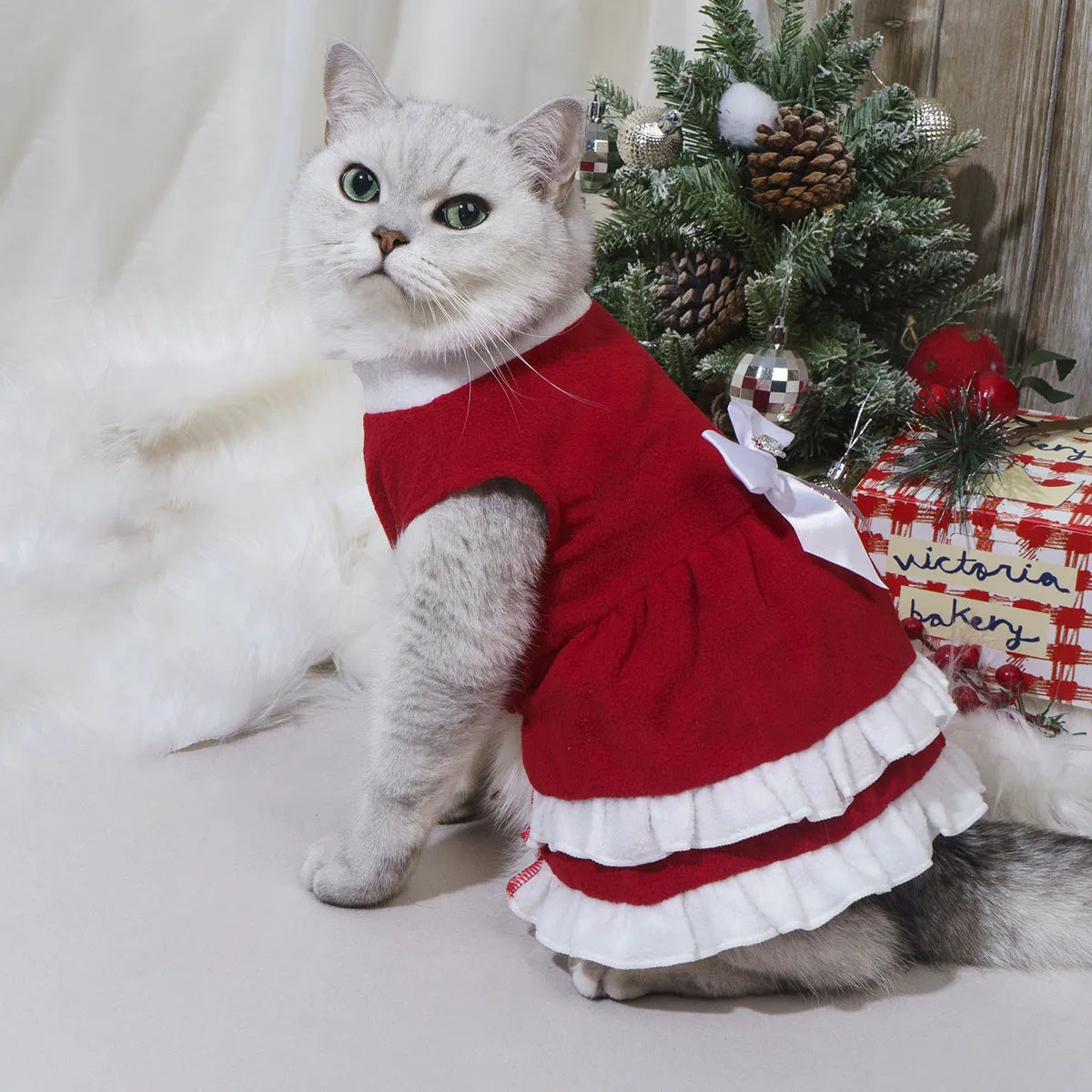 Red fleece pet Christmas princess dress with bow, available in sizes XS to XXL
