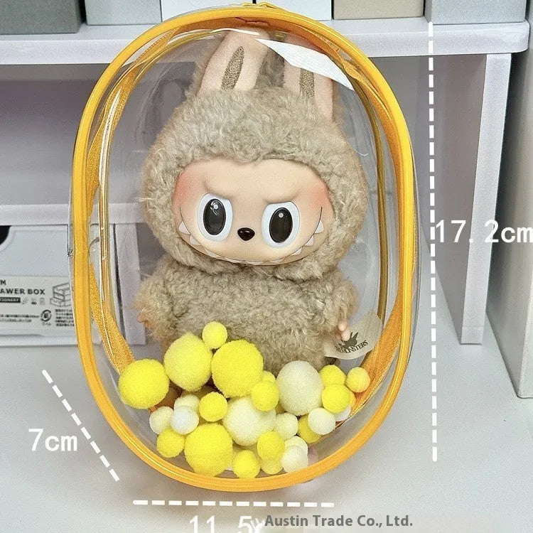 Transparent PVC cube storage bag with zip closure for cotton dolls, shown in avocado green colour.