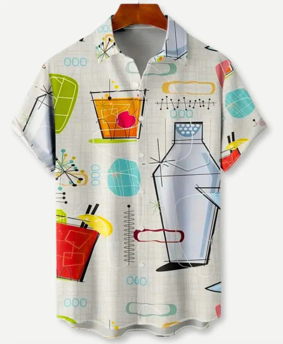 Man wearing a short sleeve Hawaiian shirt with a blue and white floral digital print and a lapel collar.