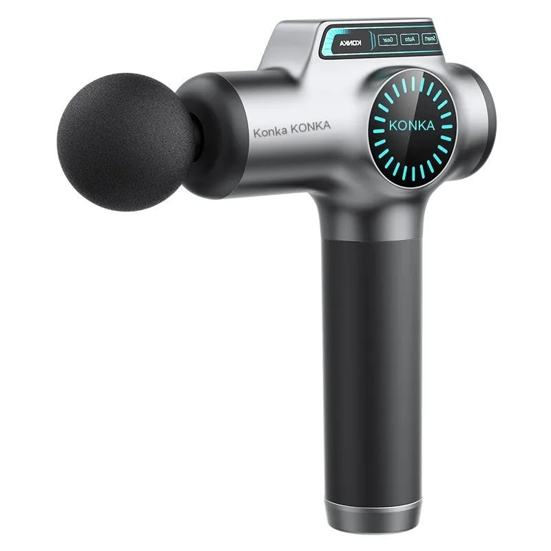 Mini portable massage gun with LED screen and eight heads in gray colour