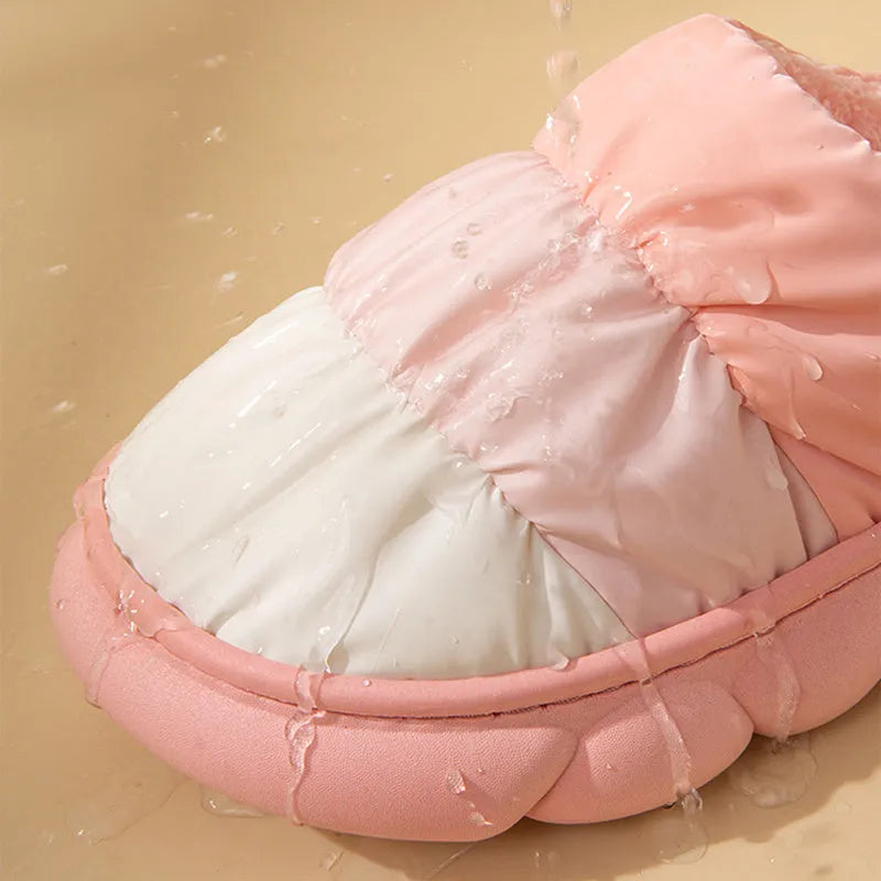 Gradient plush winter house slippers with waterproof cloth upper and anti-skid foaming sole, in pink purple green grey or dark blue.