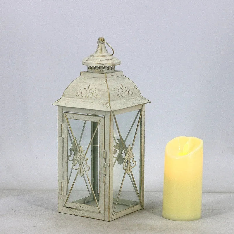 European style wrought iron floor-standing storm lantern with tempered glass panels in black or white finish