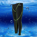 Men's black and green line nylon cropped swimming trunks on a white background.