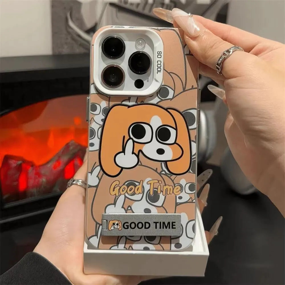 Dog pattern hard PC iPhone case with ribbon bracket and anti-fall double layer design