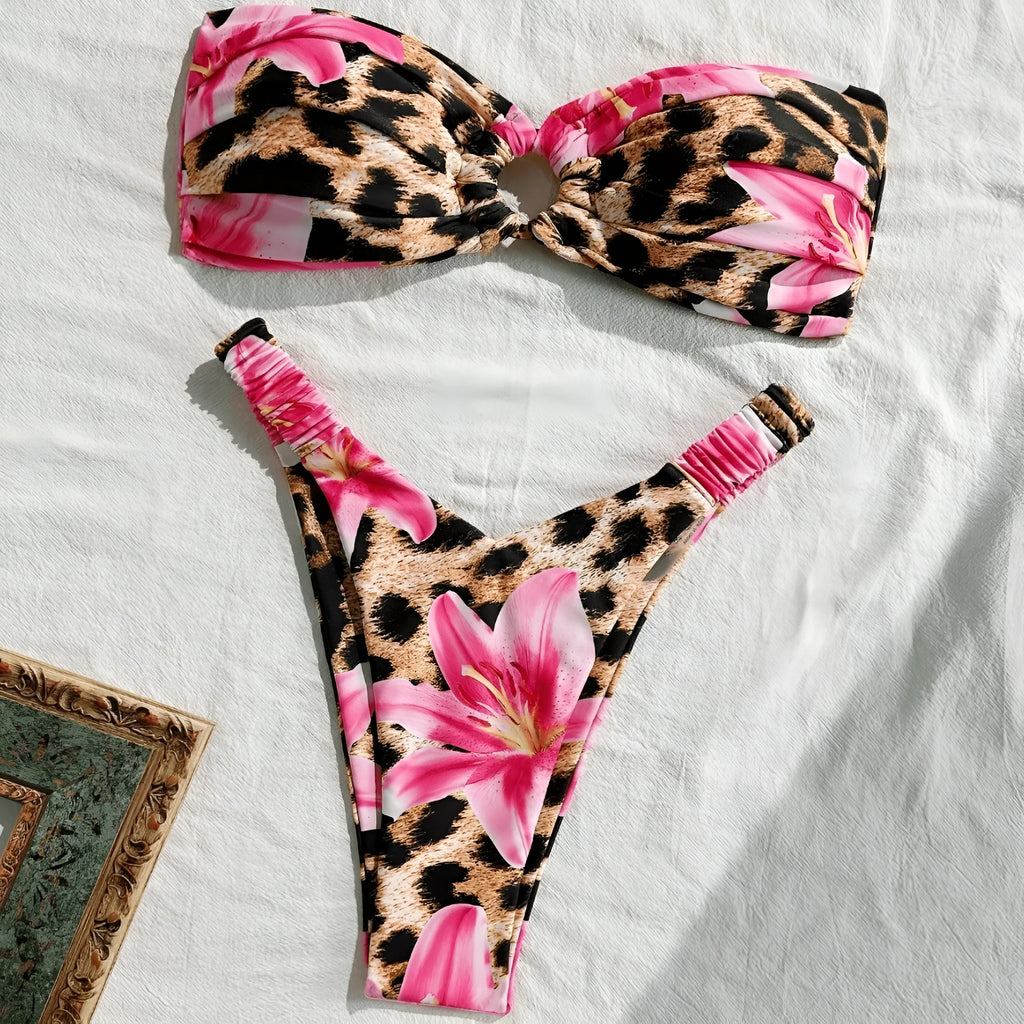 Pink leopard print women's tube top split bikini swimsuit on white background