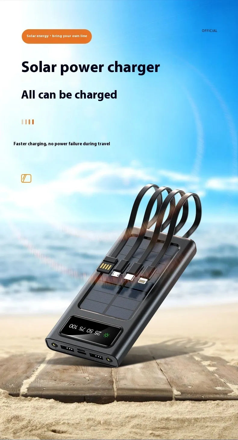 Black solar power bank with 20000mAh capacity and built-in charging cable for mobile phones