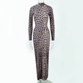 Leopard print long sleeve dress with stand collar and high waist hip skirt style in milk silk fabric