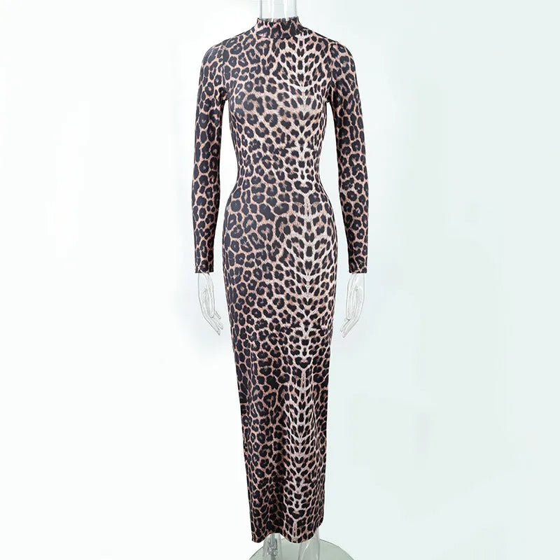 Leopard print long sleeve dress with stand collar and high waist hip skirt style in milk silk fabric