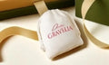 White drawstring cloth jewellery bag with heat transfer print and flocked interior, 12x15cm