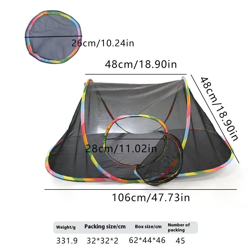 Foldable mesh cat cage showing multiple panel designs including hexagonal and square styles