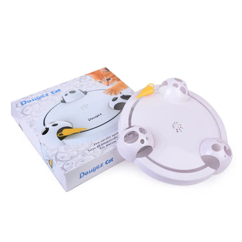 White electric cat turntable toy, 32cm diameter, with mouse-catching element on a flat floor