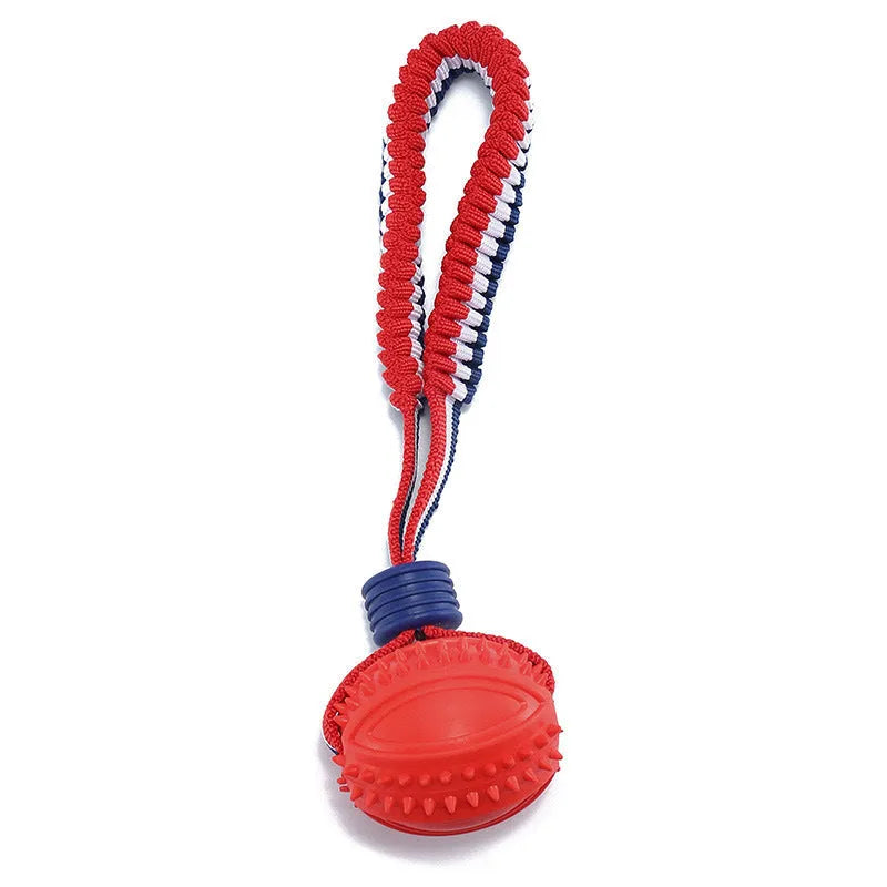 Blue rubber dog ball with natural rope attached for tug and chew play