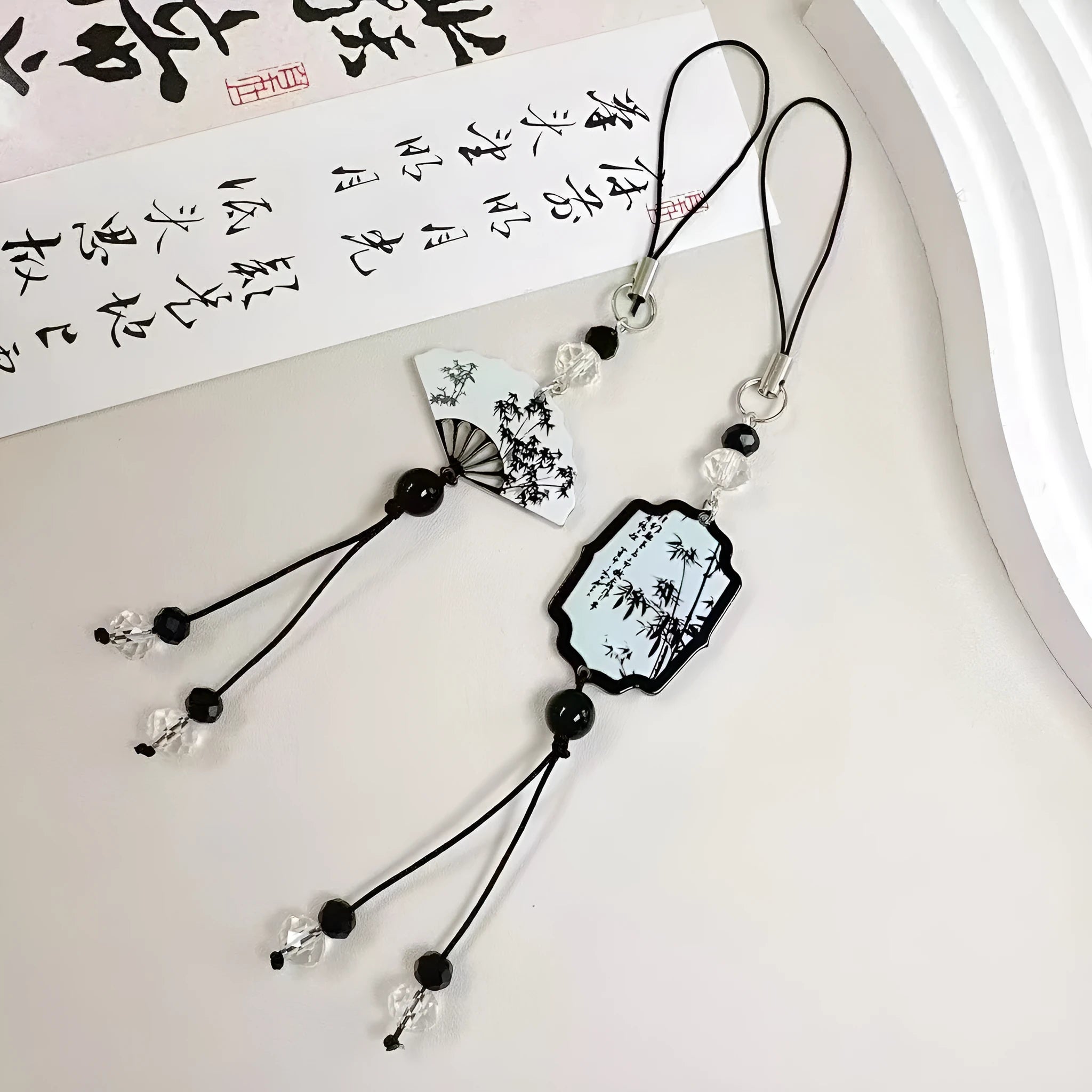 Guofeng Chinese style floral bead pendant keychain for girls' schoolbags in Fan colour.