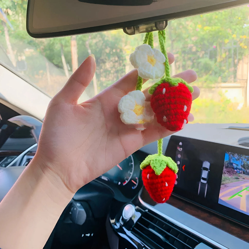 Handmade strawberry-shaped car pendant woven from cotton and hemp, a hanging decorative ornament.