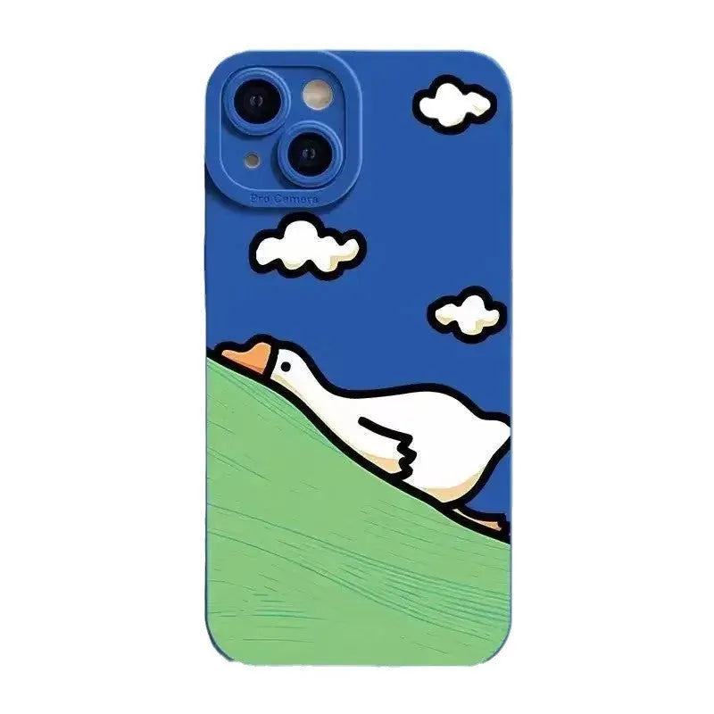 Creative cartoon duck TPU phone case for Apple iPhone in black, white and blue with carved animal design