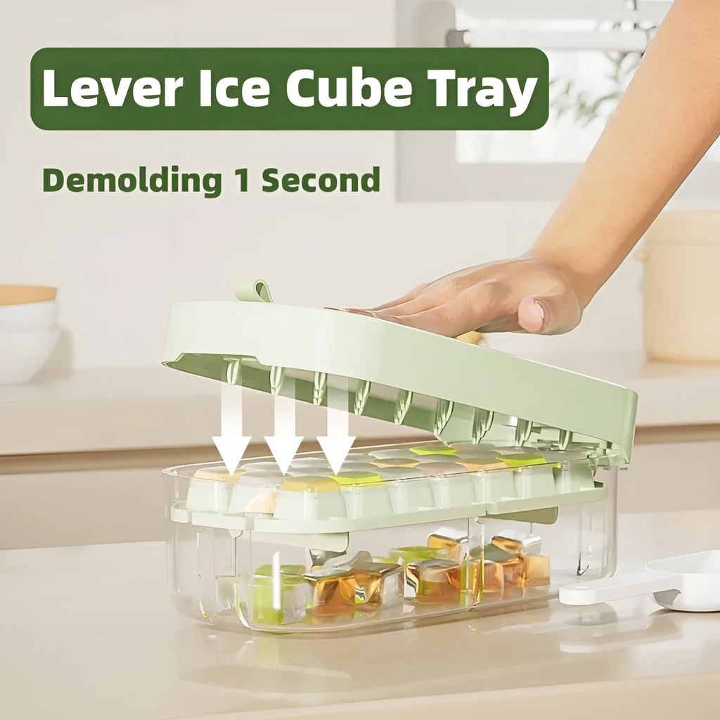 Food grade ice cube tray grid with leverage handle and blue color, showing shovel storage area and high capacity ice grid