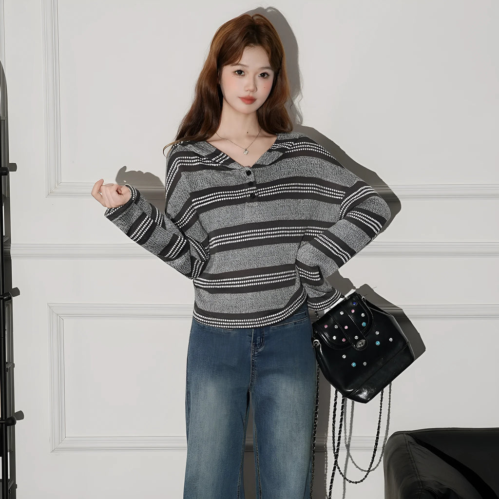 Striped button hooded long sleeve knitwear for women, loose fit, short 40cm length, Dark Coffee colour