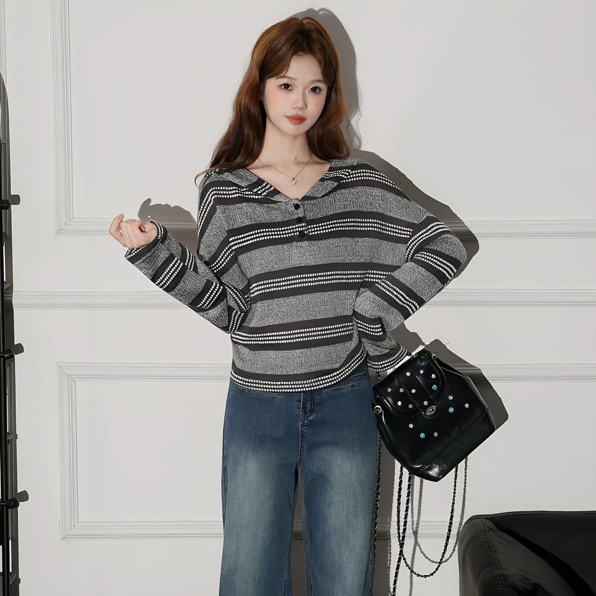 Striped button hooded long sleeve knitwear for women, loose fit, short 40cm length, Dark Coffee colour