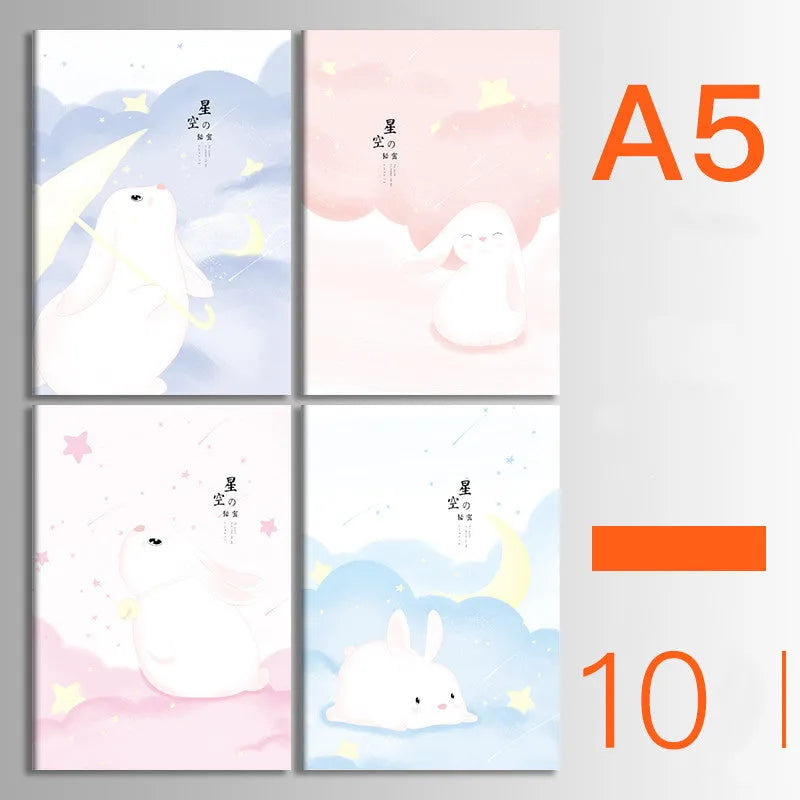 Pack of 10 A5 and B5 soft cover kraft paper notebooks with various designs, showing thread binding.