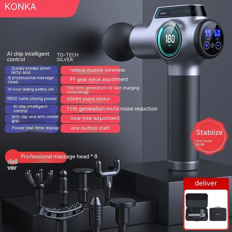 Mini portable massage gun with LED screen and eight heads in gray colour
