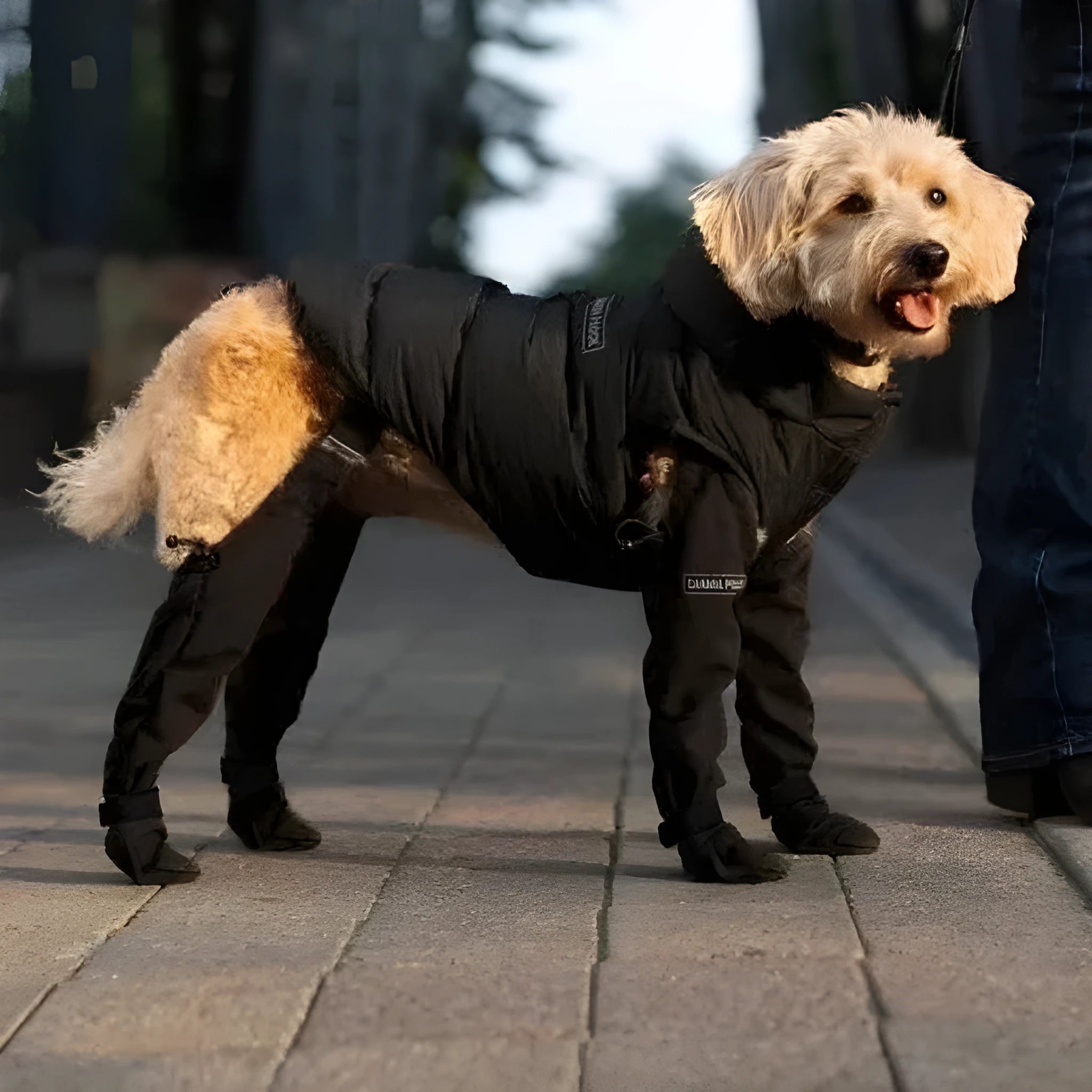 Black waterproof dog shoes with non-slip soles and strap design for paw protection