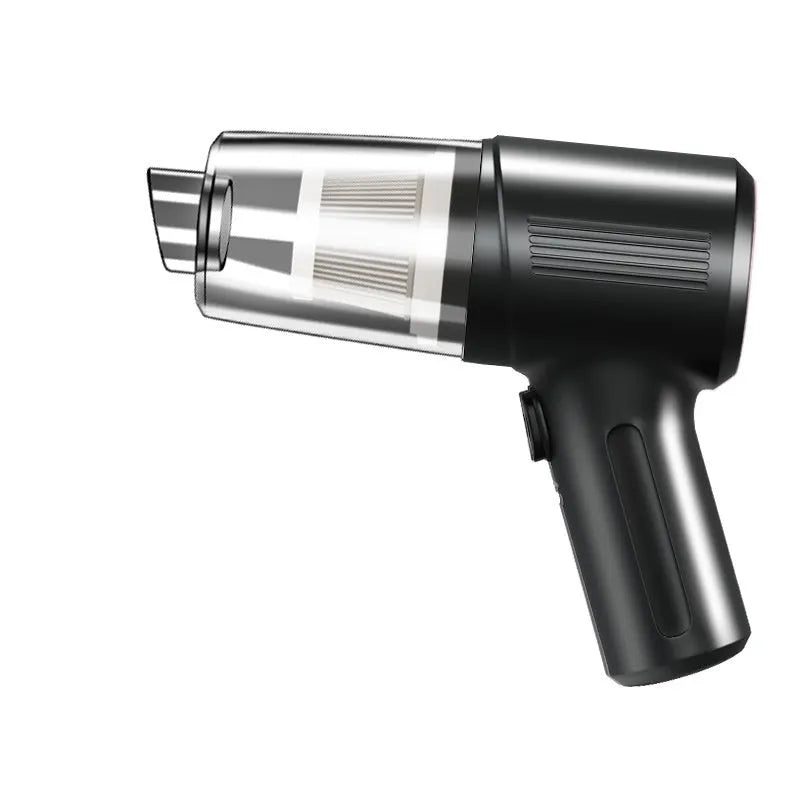 Black portable rechargeable car vacuum cleaner with suction nozzle and blowing nozzle on grey background