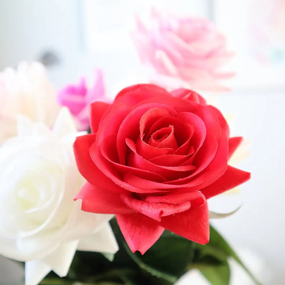 Silk artificial flower bouquet in red colour with 42cm length and 8.5cm flower head