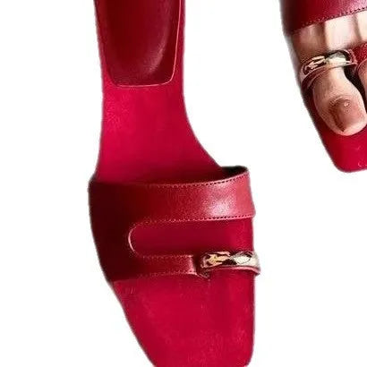 Square toe leather slippers with rubber sole in black, red, silver, or white colours for sizes 35 to 42