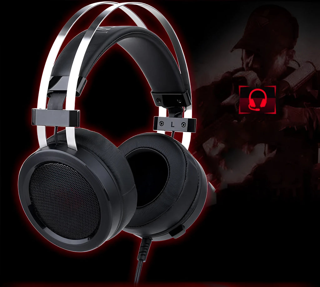 Black wired computer gaming headset with a 3.5mm plug and long cable.