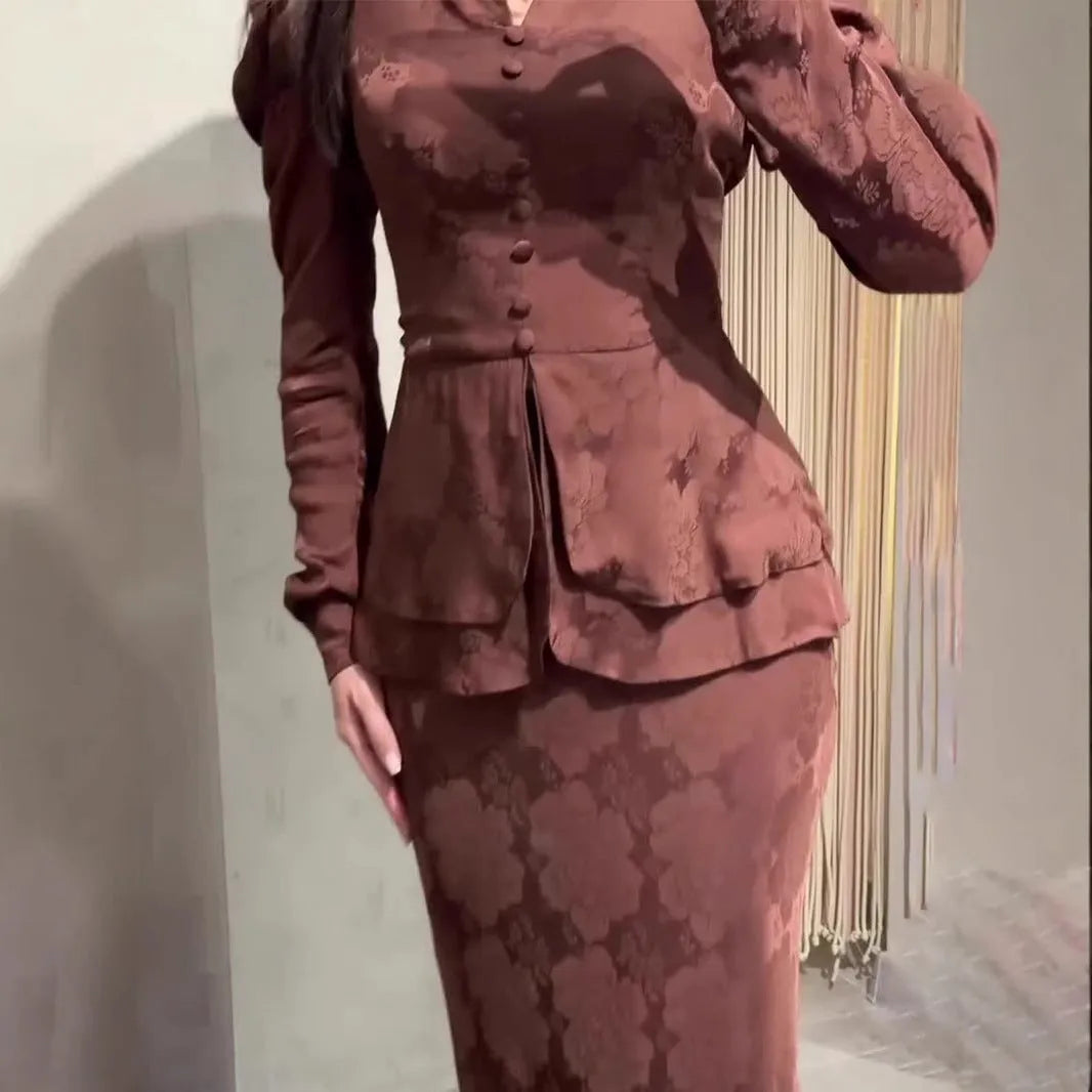 Dark brown retro artistic long sleeve dress with plant pattern and button details
