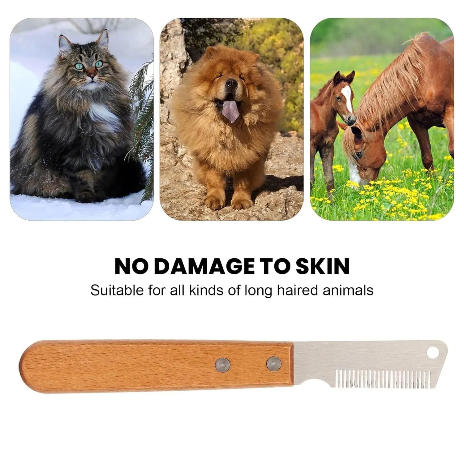 Wooden handle pet stripping comb for grooming dogs and cats, shown in two size options.