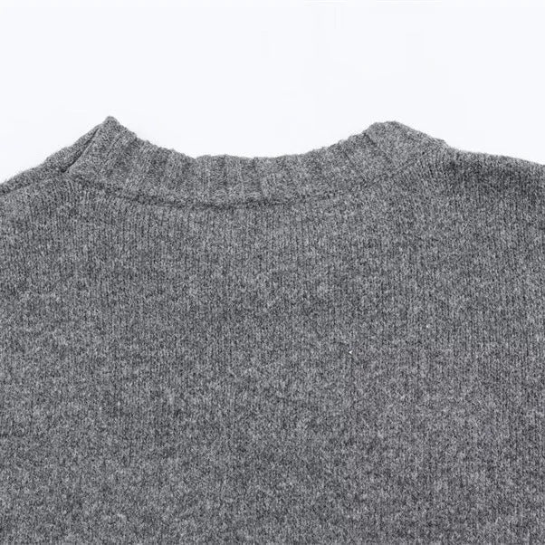 Grey ribbed knit women's sweater with contrast stripes, long sleeves, regular fit, 50cm length, sizes S M L