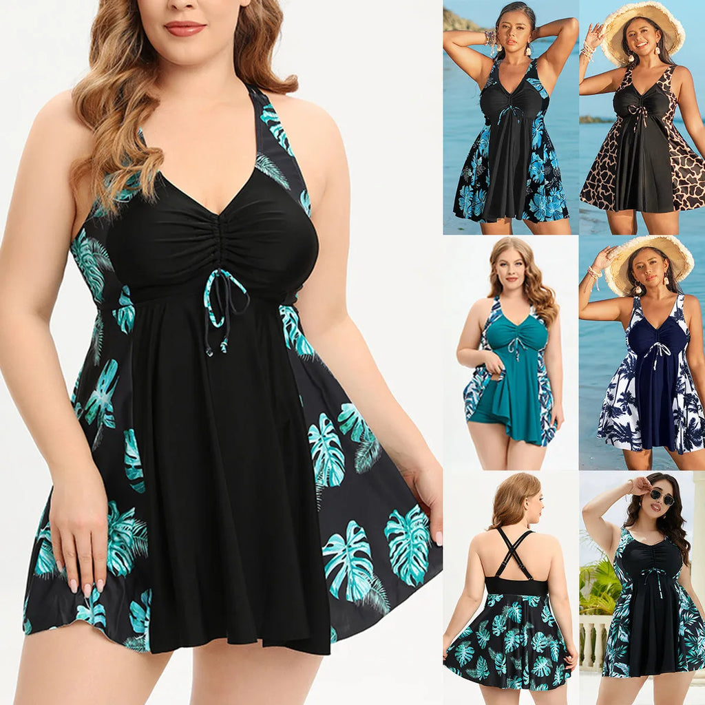 Women's conservative split swimsuit in leopard print, high elasticity nylon fabric, sizes L to 5XL