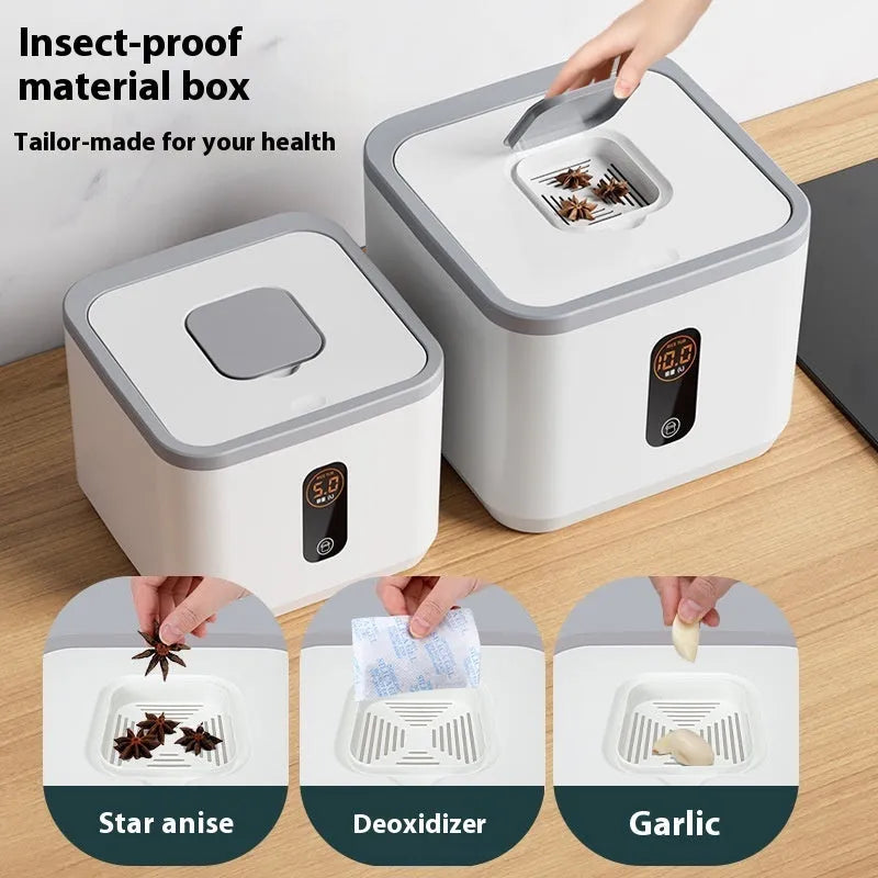 Grey plastic airtight rice storage jar with lid and measuring cup for 10kg, 20kg, or 30kg capacity.
