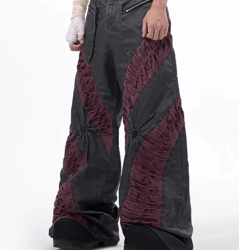 Retro three-dimensional keel casual sports pants in grey rayon viscose fabric, showing tight fit and straight hem.
