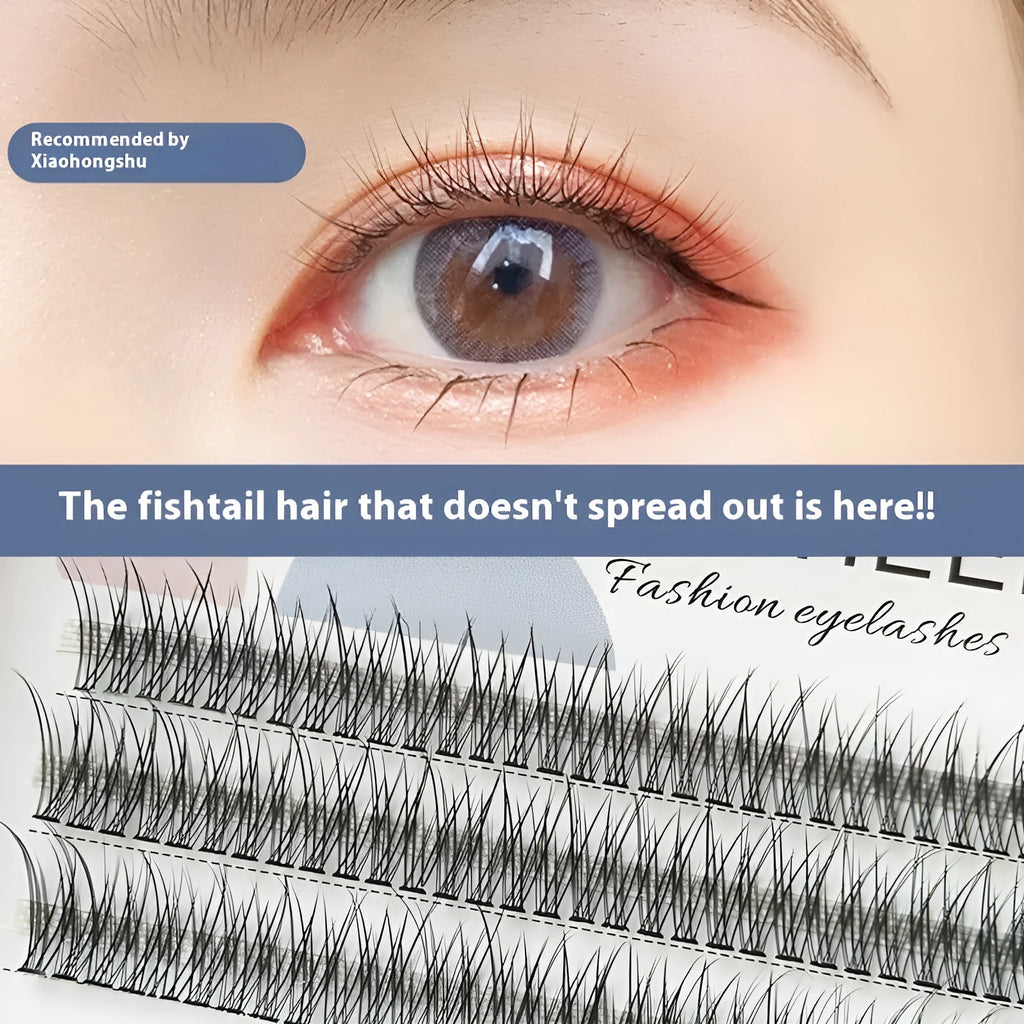 Black v-shaped fairy fishtail false eyelashes with thick segments on a white background.