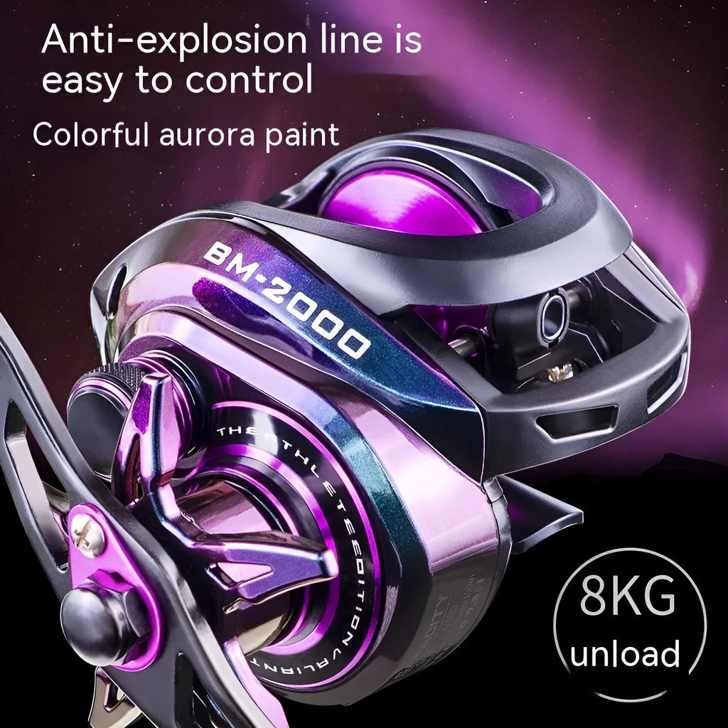 BM2000 left-handed and right-handed spinning fishing reel with magnetic brake, graphite body, and aluminium spool.