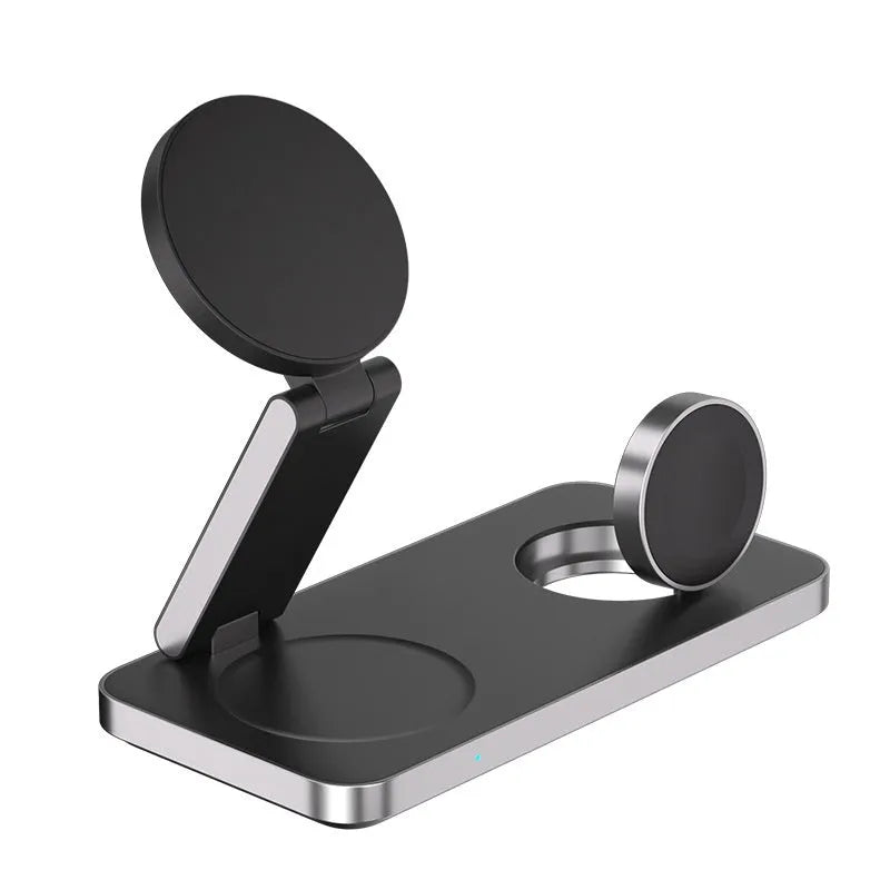 4-in-1 magnetic wireless charger in black or white metal or plastic, 150 x 75 x 29.6mm, with USB-C input and 15W phone output